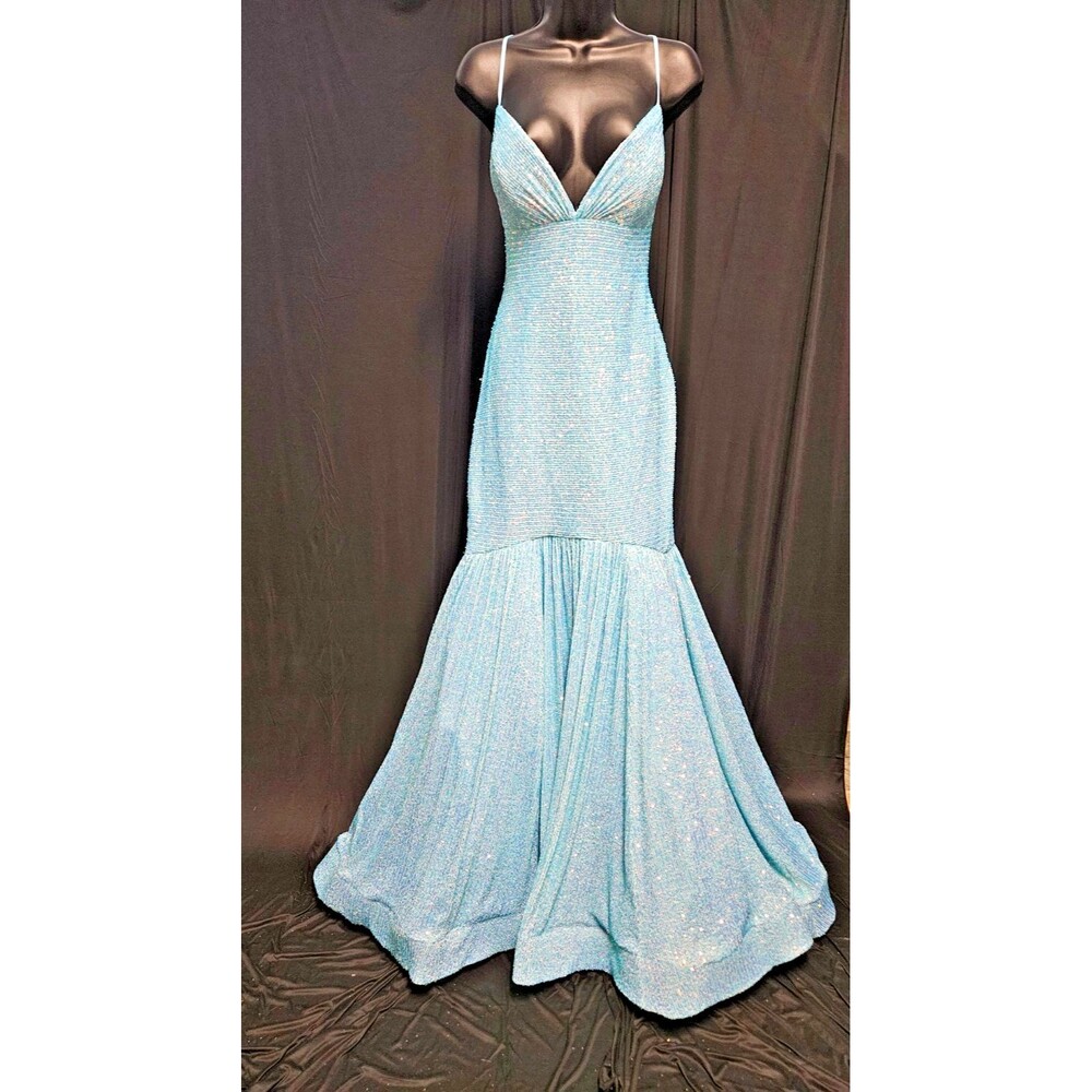 GORGEOUS FORMAL SHERRI HILL TURQUOISE BLUE SEQUINED MERMAIN GOWN SIZE 12